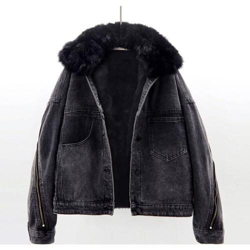 Winter Thick Warm Removable Fox Fur Collar Rabbit Fur Liner Denim Jackets Women Loose Short Back Zipper Jeans Jacket Coat Female