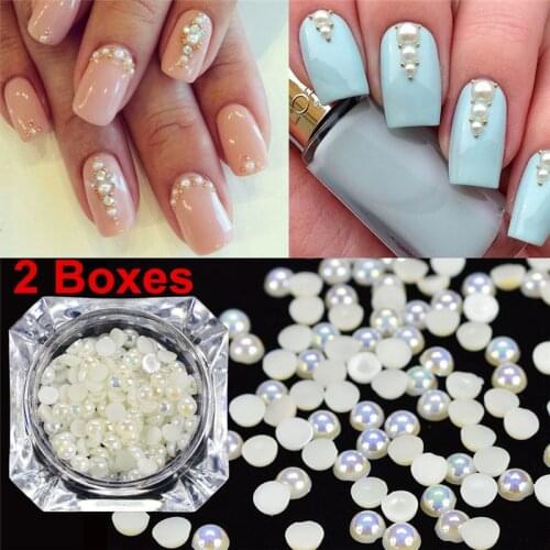 2 Boxes/Set AB Natural 3D Pearl Nail Art Decorations Round Flat Bottom Rhinestones Charm Manicure Nail Art Accessories 4 size
