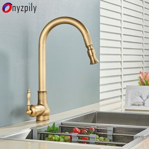 Onzpily Antique Brass Pull Out Kitchen Faucet Hot Cold Water Single Handle Mixer Crane 360 Rotation Kitchen Mixer Tap Basin Taps