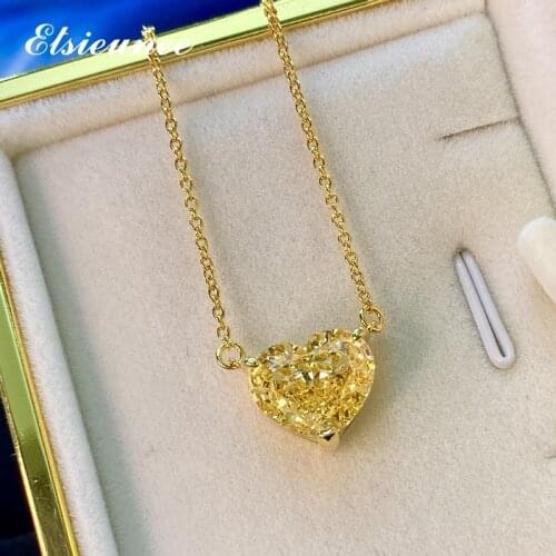 ELSIEUNEE Heart Design 100% 925 Sterling Silver Citrine Simulated Moissanite Pendant Necklaces for Women Gold Color Fine Jewelry