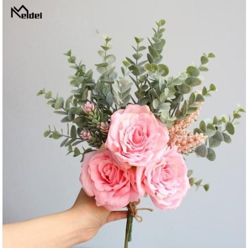 Meldel 1 Bundle Imitation Artificial Flowers Greenry Bouquet Silk Fake Roses Eucylaptus for Home Wedding Decoration Faux Flores