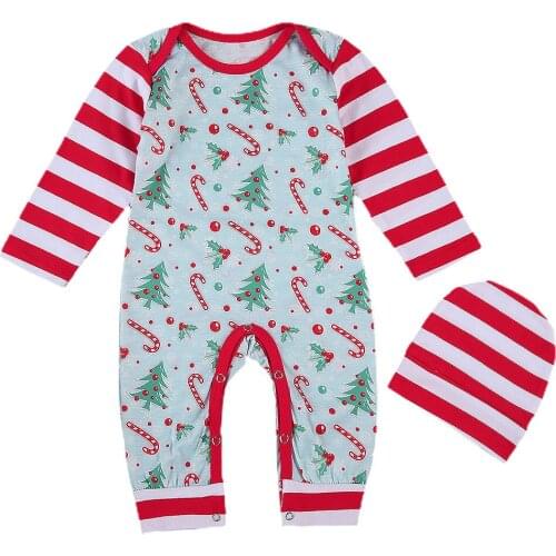 Newborn Baby Girl 0-24M Christmas Jumpsuits Sets Long Sleeve Cartoon Printed Long Romper Overall Pant + Beanies Hat