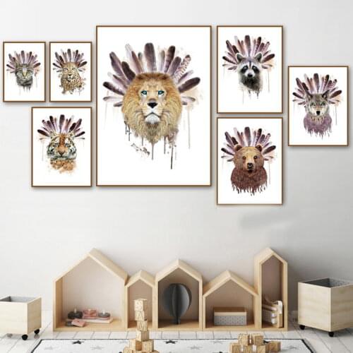 Cartoon Lion Bear Fox Raccoon Owl Indian Feather Wall Art Canvas Painting Nordic Posters And Prints Wall Picture Kids Room Decor