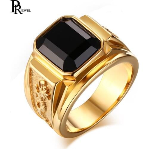 Mens Signet Ring with Black Red Blue Rhinestone In Gold Tone Stainless Steel Dragon Male Anel New Style