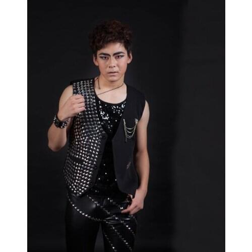 2020 summer style personality slim male sleeveless silver rivets vest men punk rock costumes singer dance stage star black
