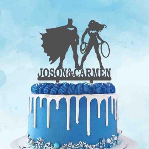 Personalized Cartoon Wedding Cake Topper Custom Couple Name Super Man Bat Girl Wedding Cake Topper Wedding Party Cake Decoration