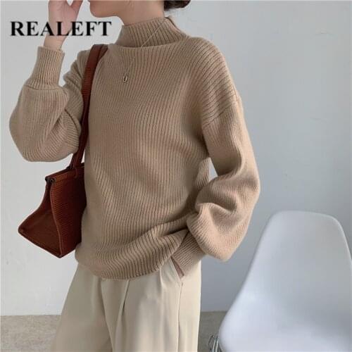 REALEFT 2021 New Womens Pullovers Vintage Autumn Winter Lantern Sleeve Casual Mock Neck Knitting Sweaters Knitwear Tops Female