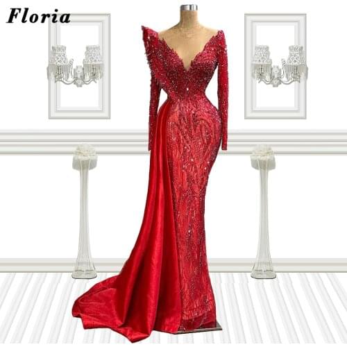 Robe De Soiree Red Beaded Prom Dresses Dubai Design Crystals Evening Gowns Women Celebrity Dress 2021 Arabic Party Night Gowns