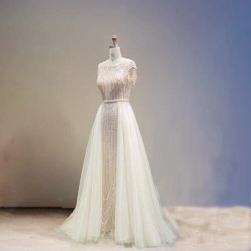 Luxury Diamond O-Neck Dubai Evening Dresses 2020 Sleeveless Beads Handmade Prom Formal Party Gowns