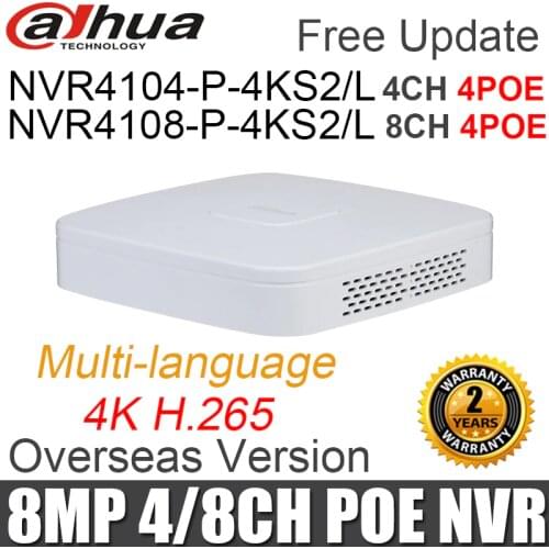 Dahua poe nvr NVR4104-P-4KS2 NVR4108-P-4KS2 4ch 8ch Smart 1U Mini NVR 1080P NVR with 4 POE Ports network video recorder