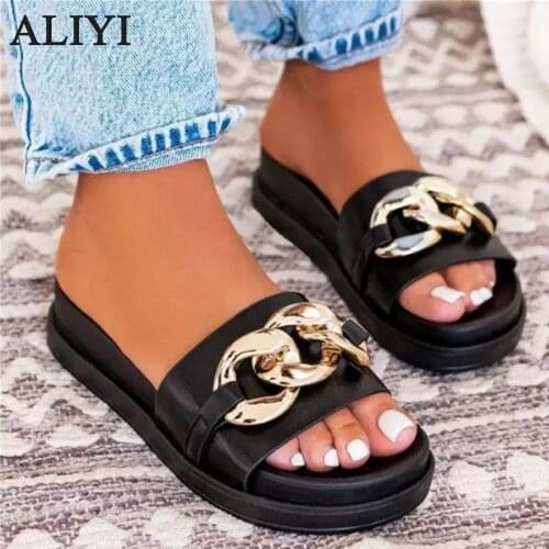 Women Fashion Slippers 2021 Summer New Open Toe Ladies Slip On Comfortable Sandals With Chain 36-43 Large-Sized Beach Slides