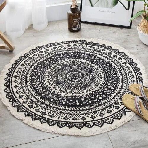 Nordic Round Carpet Bohemia Ethnic Tassel Rugs Black Mandala Carpet for Living Room Modern Classic Cotton Linen Morocco Carpets