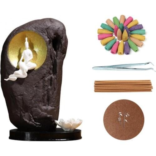 Buddha Sculpture Backflow Incense Burner Smoke Waterfall Ceramic Incense Sticks Holder With 20 Pcs Cones 30 Pcs Stick Ornaments