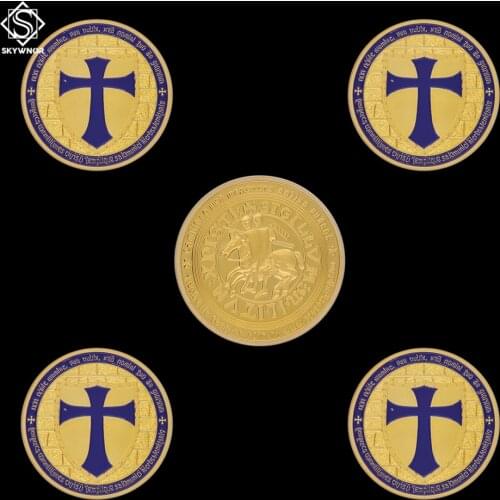 5PCS Souvenir Coin Purple Holy Cross Crusader Gold Mason Knights Templar Commemorative Color Coins