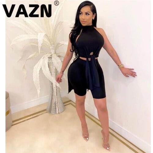 VAZN 2020 New Arrival Sexy Club Hollow Out Open Elegant Halter X-Long Bandage Tees Top Group Knee Length Women 2 Piece Set