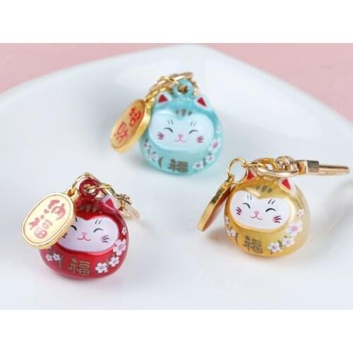 Japanese Cute Lucky Cat Keychain Blessing Amulet Dreamy Healing Water Sound Bell Pendant Car Keyring Decor Charm Girlfriend Gift