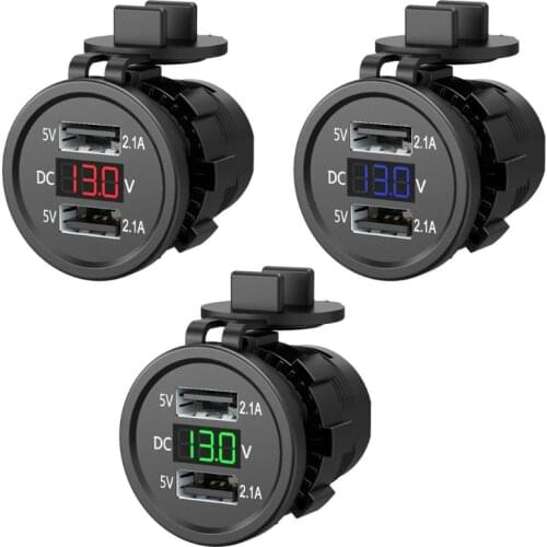5V 2.1A Waterproof Dual Ports USB Charger Socket Adapter Power Outlet with Voltage Display Voltmeter for 12-24V Car Boat Motorcy