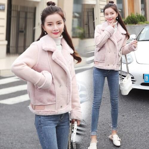 Lamb hair coat female short section fashion slim 2018 winter new long-sleeved leather one suede fluffy cotton motorcycle ja