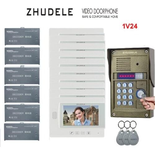 ZHUDELE Home security intercom System for 24 Units Apartments kit 7" Monitor Video Door Phone Bell Password and ID card