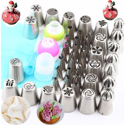 1 Pcs Nozzles Bag 3 Pcs Coupler 1 Pcs Brush Cake Decorating+45Pcs Christmas New Year Nozzles Icing Piping Party Tips Russian