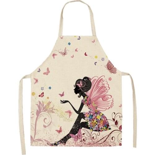 1Pcs Flower Butterfly Girl Pattern Kitchen Aprons for Women Cotton Linen Sleeveless Apron Home Cooking Baking Waist Bib Pinafore