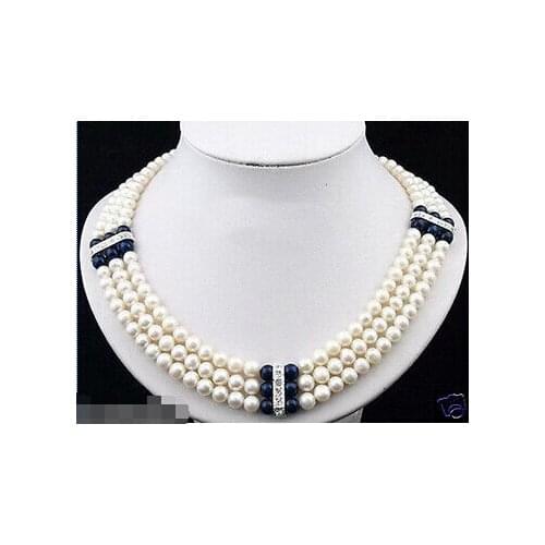 3 Rows Genuine 6-7mm White Black Pearl Necklace