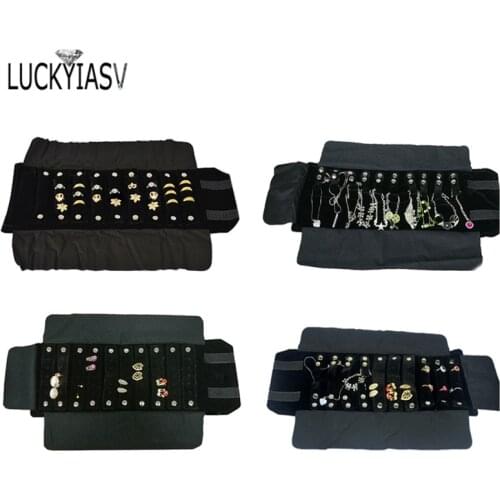 4 Style Black Velvet Jewelry Roll Bag For Earrings Organizer Jewellery Storage Portable Ring Pendant Display Cases Box