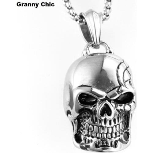 Granny Chic New Arrive Fashion Mens Silver Stainless Steel Gothic Skull Pendant Free Necklace Chain