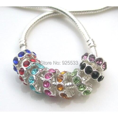 Free Shipping 30pcs 12mm silver plated alloy big hole beads mix color rhinestone charms heart design fit European bracelet DIY