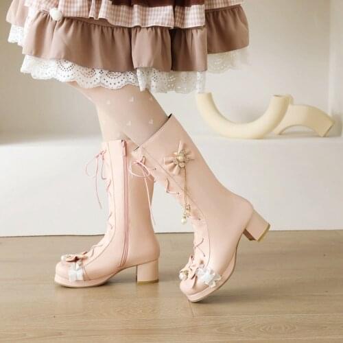 Lolita High Boots Winter Warm Fur Neck Girls Cosplay Party JK Princess Shoes Lace Up Bowtie Chunky Heel Side Zipper PU Leathe