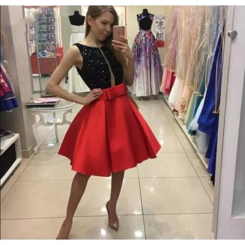 Black&Red A Line Homecoming Dresses with Bow Rhinestone Black Top Graduation Party Gowns Short Prom Dress