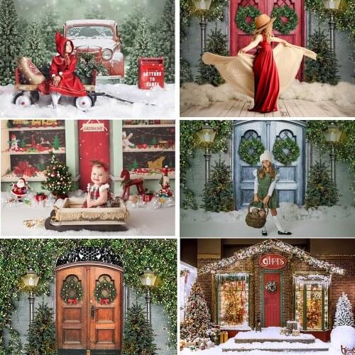 Retro Rustic Wood dooe Christams Backdrop Photo Studio Green Wreath Snow Winter Children Adult Birthday Photography Background