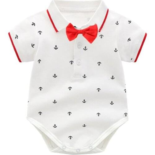 Cotton Short Sleeve Rompers Newborn Baby Boys Printed Top Bow Tie Jumpsuit 3 6 9 12 18 24 Months Kids Outwear KB8054
