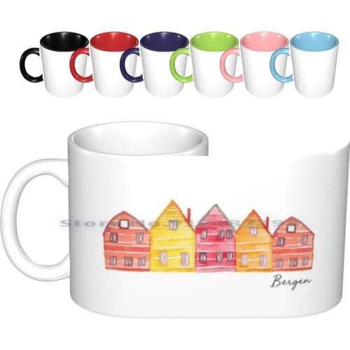 Bergen Ceramic Mugs Coffee Cups Milk Tea Mug Bergen Norway Red Houses Cabin Scandinavian Creative Trending Vintage Gift Bottle
