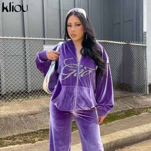Kliou Casual Simple Two Piece Set Women harajuku Diamonds Flannel Zipper Long Sleeve Top+Active Loose Sporty Female Waer Pants