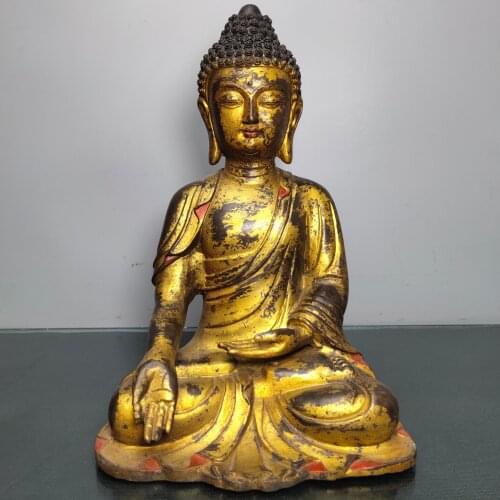 12"Chinese temple collection Old Bronze Lacquer Cinnabar Shakyamuni Buddha Sitting Buddha Ornaments Town House Exorcism