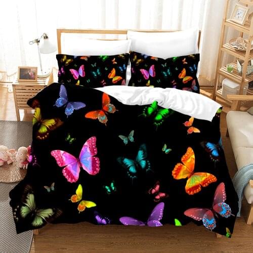 Colorful Butterfly Bedding Set Aniaml Duvet Cover Sets Luxury Black Comforter Bed Linens Queen Design Custom 2/3PCS Bedclothes