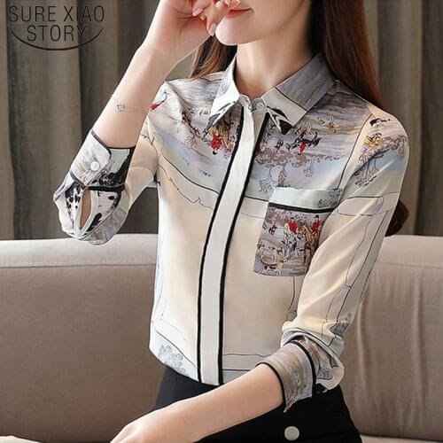 Korearn Fashion Clothing 2021 Spring Elegant Print Shirt Slim Long Sleeve Silk Women Tops Blusas Mujer De Moda 2021 8526 50