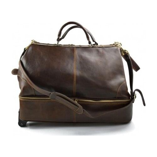 Leather trolley travel bag doctor bag weekender with wheels overnight dark brown