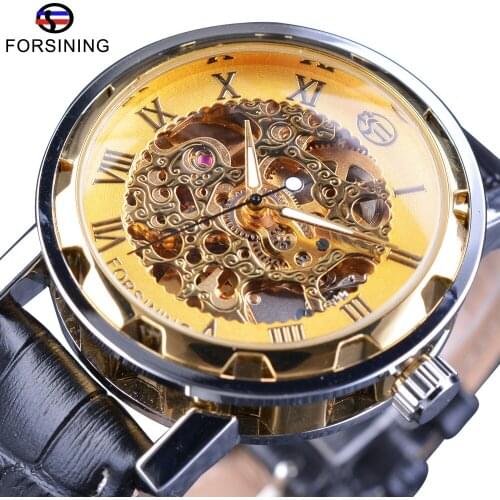 Forsining Classic Retro Design Golden Gear Movement Transparent Men Skeleton Automatic Wrist Watch Top Brand Luxury Genuine Belt
