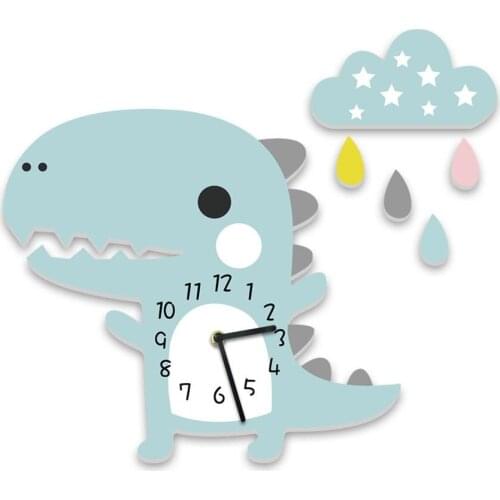Cartoon Dinosaur Kids Wall Clock for Children Room Cloud Rain Mute DIY Self Adhesive Sticker Clocks Hanging Watch Kindergarten