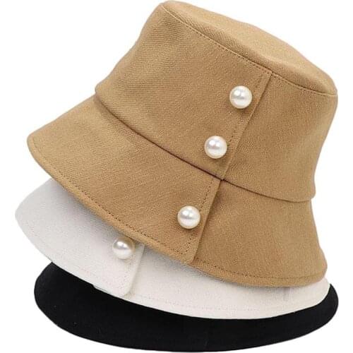 NEW Pearl Design Cotton Solid Flat Top Bucket Hat For Woman Spring and Summer Fashion Fisherman Basin Cap MAXSITI U Accessory