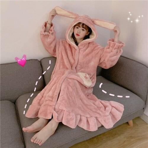 Autumn and Winter Thickened Warm Robe Womens Middle Length Pajamas Suit Sweet and Lovely Rabbit Ear Bathrobe Home Clothes