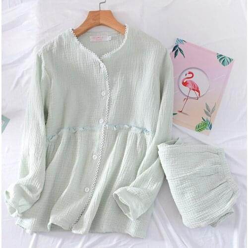 Spring And Autumn Cotton Fashion Leisure Solid Color Cardigan Pajamas Long Sleeve Trousers Shirt Suit V Neck Home Wear Nightwear