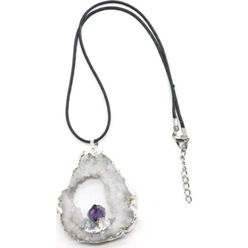 Silver Plated Irregular Shape Hollow Agates with Amethysts Crystal Pendant Rope Chain Necklace Fashion Jewelry