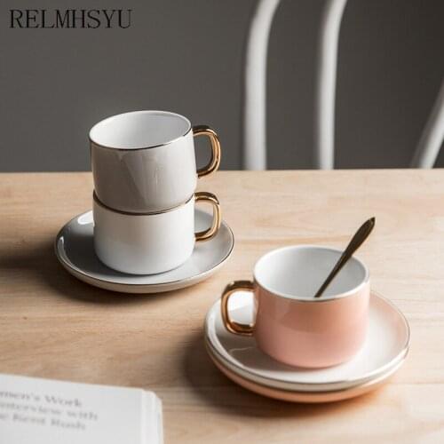 RELMHSYU European Style Simple Ceramic Coffee Saucer Set Afternoon Tea Milk Cup With Spoon Water Mug Drinkware