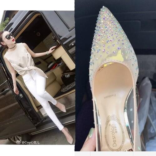 Mesh Rhinestone Sequin Pointed High Heels Womens Stiletto Lace Crystal Shallow Mouth Transparent Shoes424344