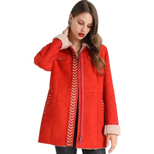 SANI 2020 Top Quality New Yellow Shearling Fur Coat Women Winter Real Fur Coat Red Real Sheepskin Jackets