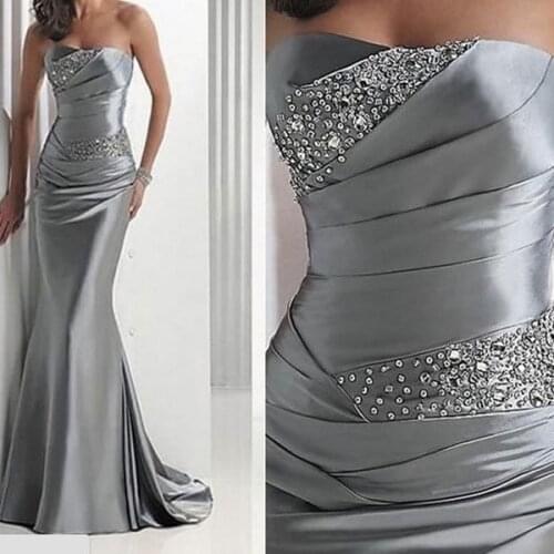 SuperKimJo Robe Longue Taffeta Silver Evening Dresses 2021 Beaded Mermaid Modest Formal Evening Gown Vestidos Formales