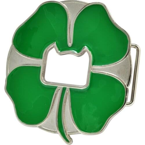 Green Enamel Shamrock Lucky 4 Leaf Clover Belt Buckle floral